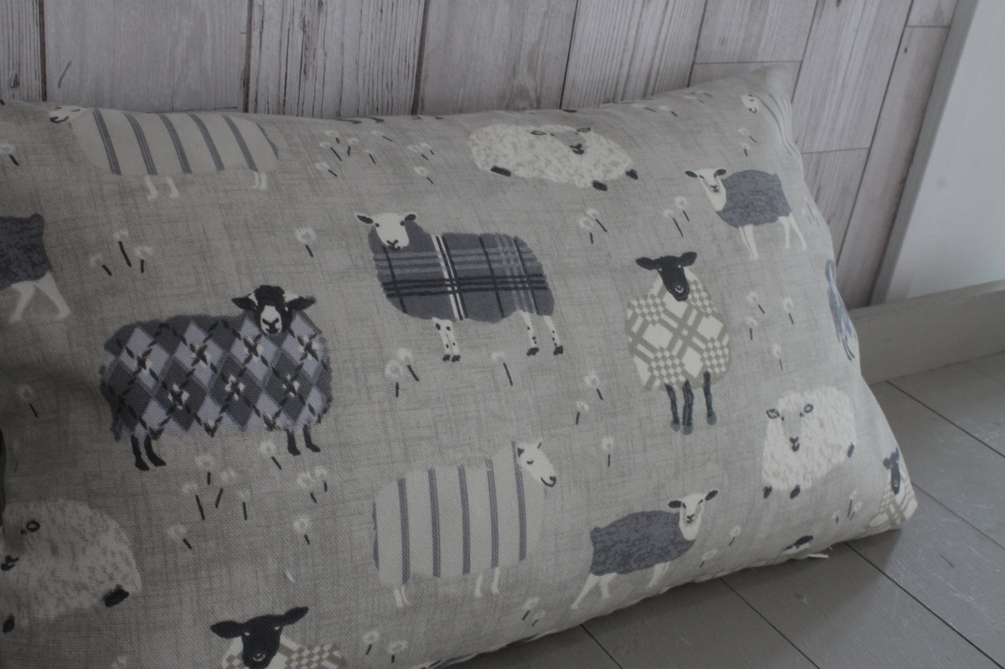 Woolly sheep Jumpers Cushion- Grey and Taupe- 20" x 12" Lumbar/Oblong Cushion - Lizzie Dixon Designs