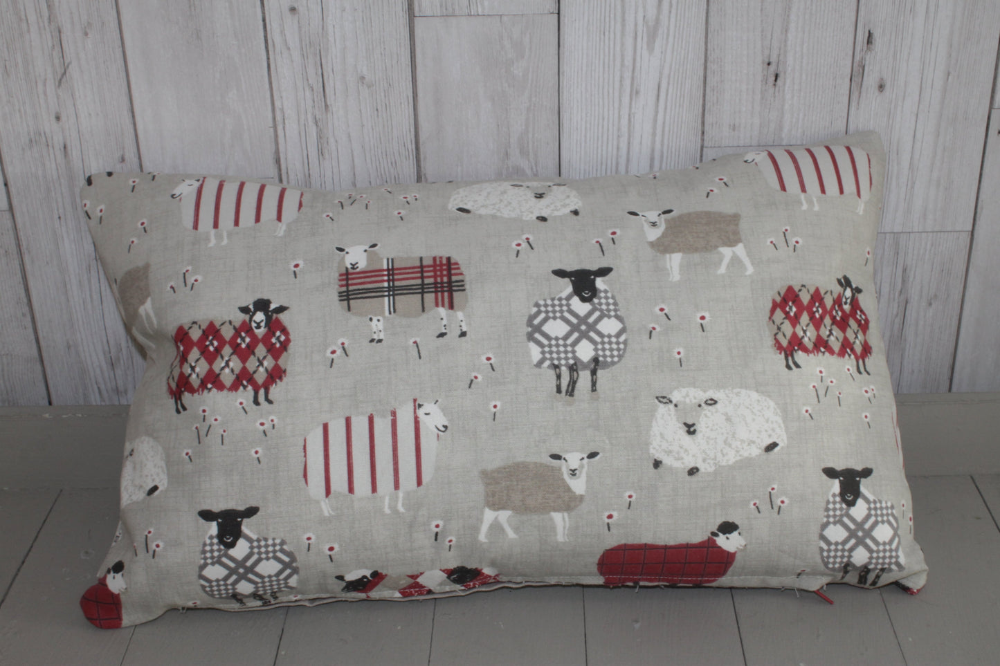 Home Panel Cushion -Red and Taupe  Sheep in Jumpers - Lizzie Dixon Designs