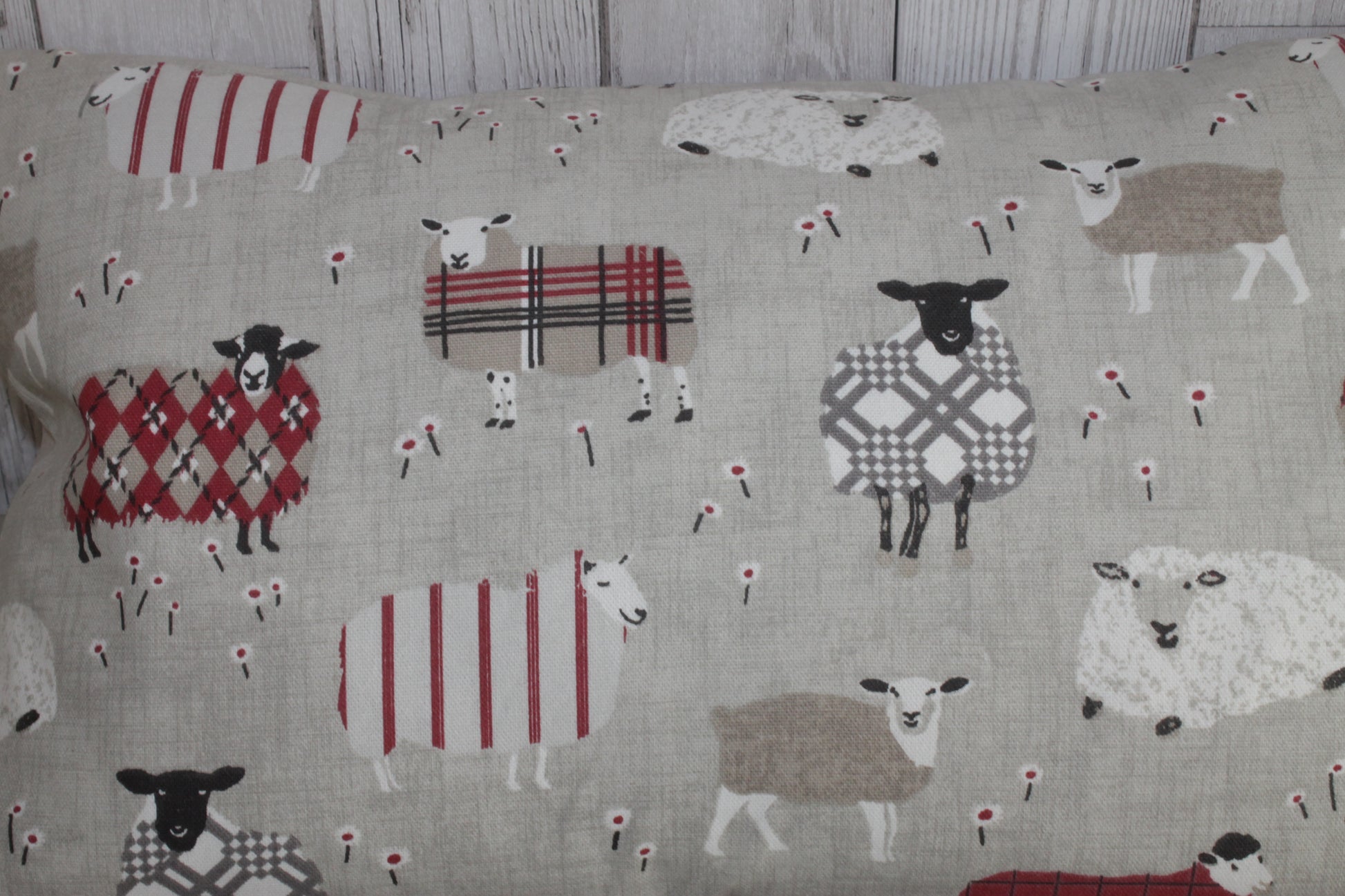 Sheep Wearing Jumpers  Cushion Red and Taupe-20" x 12" Lumbar/Oblong Cushion - Lizzie Dixon Designs