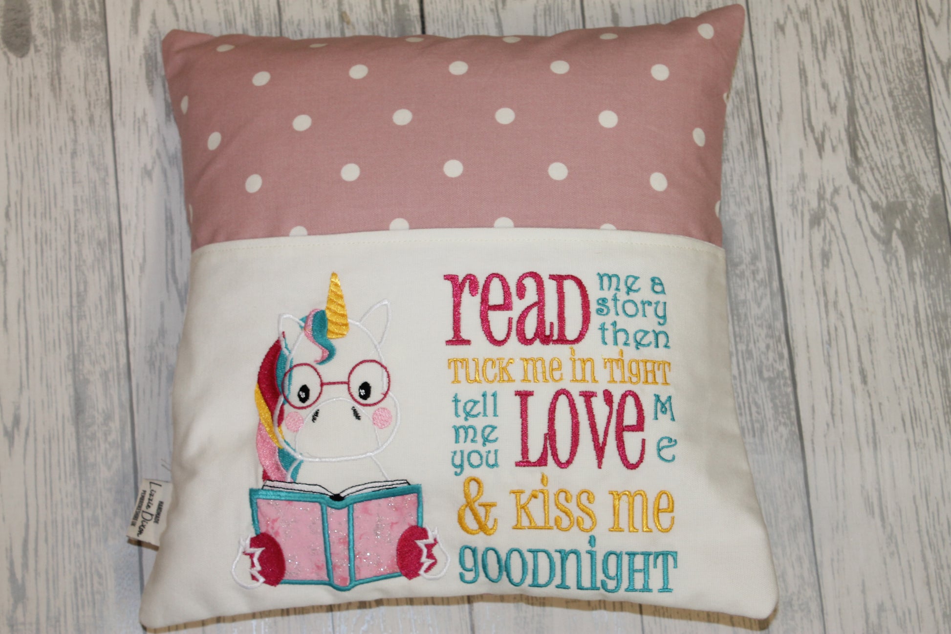 Unicorn  with Pink Dotty Reading Book Cushion - Lizzie Dixon Designs