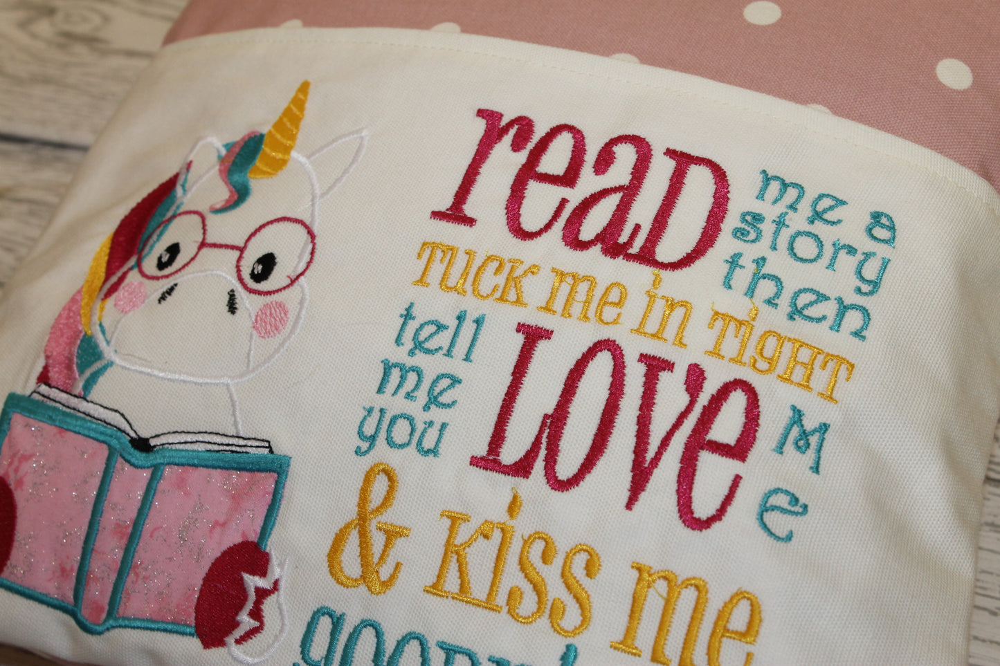Unicorn  with Pink Dotty Reading Book Cushion - Lizzie Dixon Designs