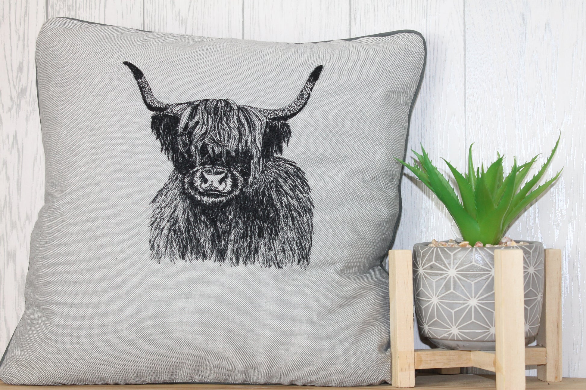 Highland Cow Cushion, Grey Piped Embroidered Cushion - Lizzie Dixon Designs