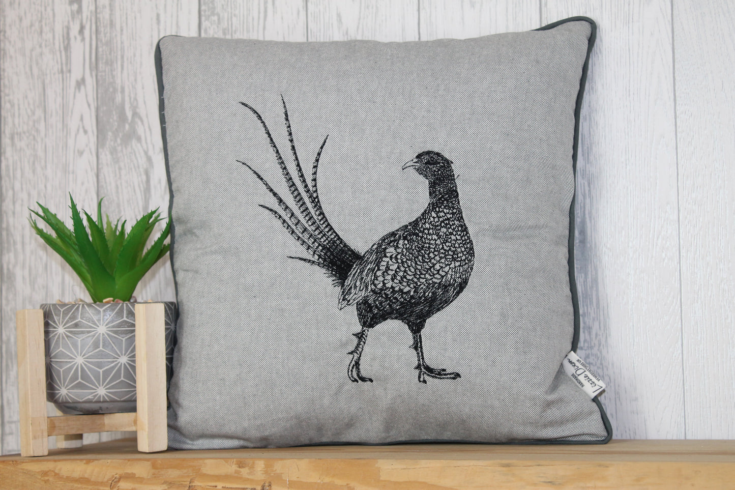 Pheasant Cushion- Grey Piped Cushion - Lizzie Dixon Designs
