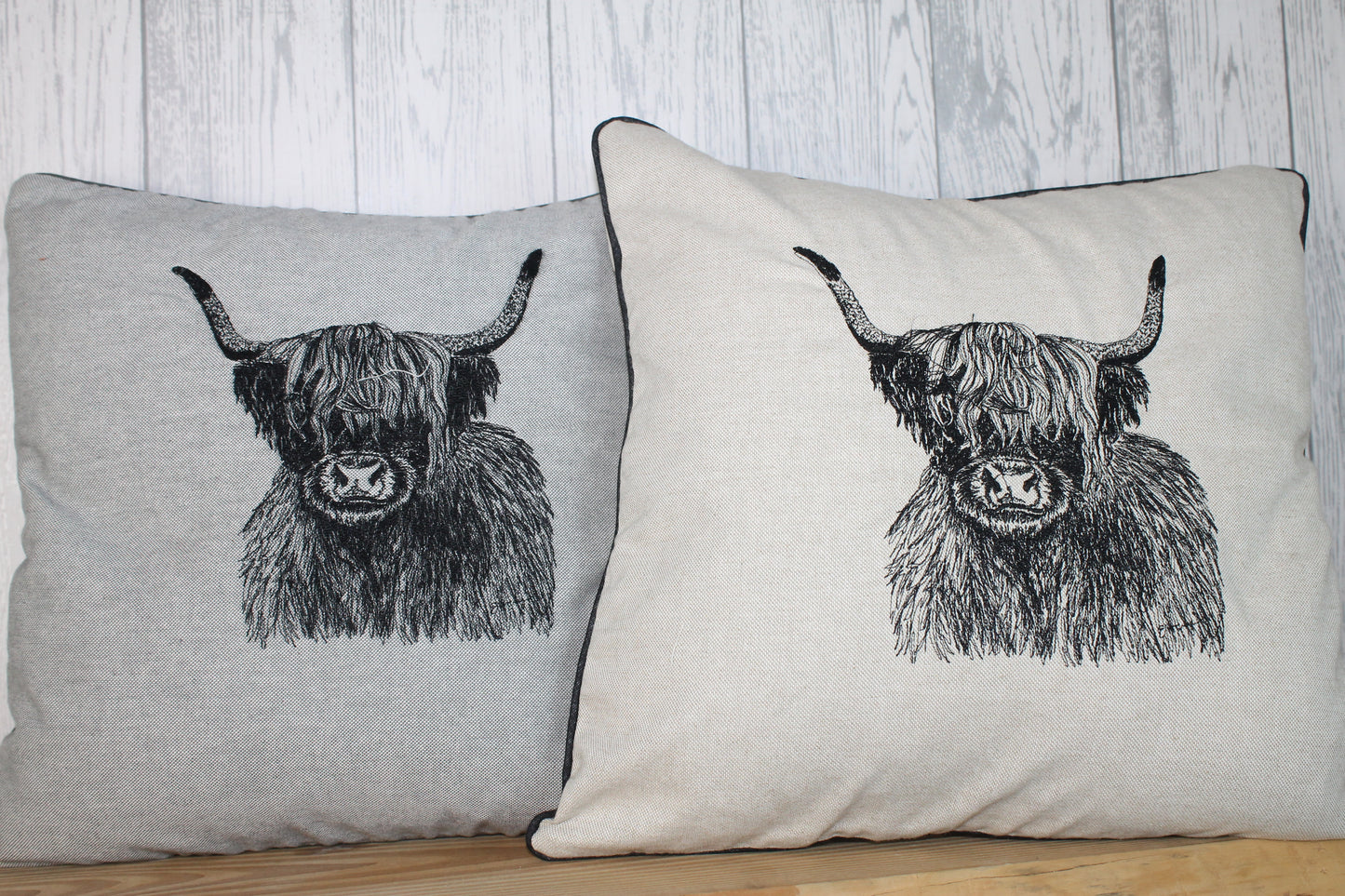Highland Cow Cushion, Grey Piped Embroidered Cushion - Lizzie Dixon Designs
