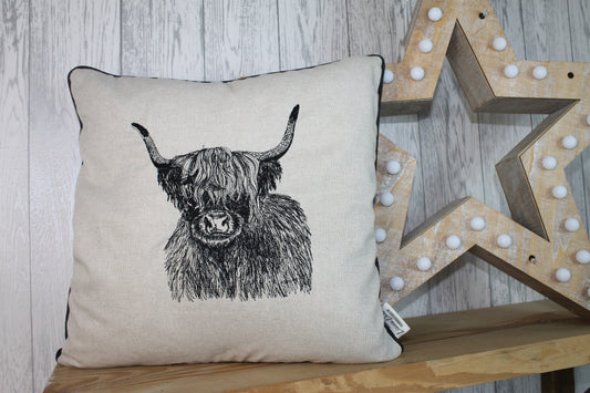 Highland Cow Cushion, Cream/Taupe Piped Embroidered Cushion - Lizzie Dixon Designs