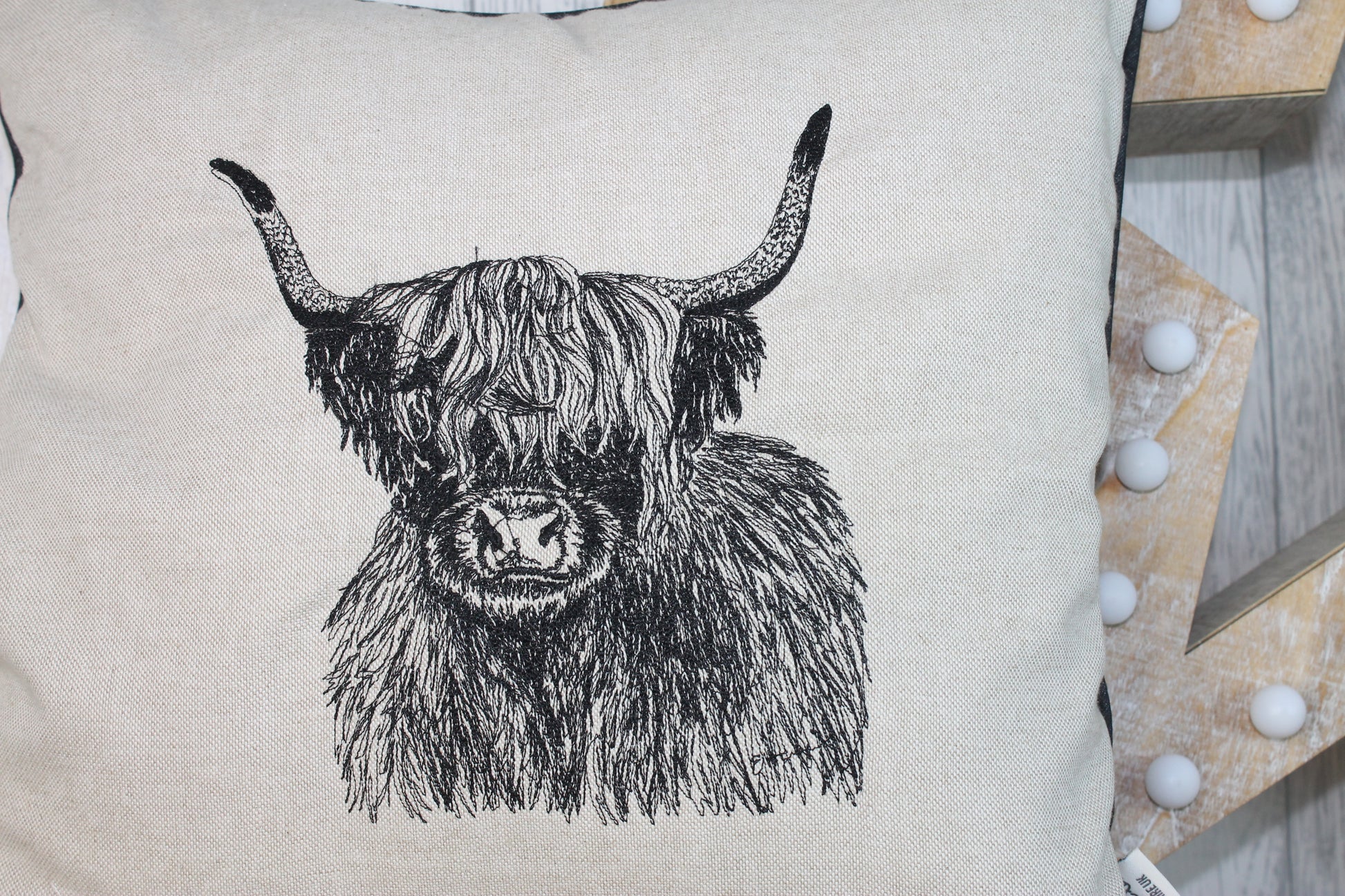 Highland Cow Cushion, Cream/Taupe Piped Embroidered Cushion - Lizzie Dixon Designs