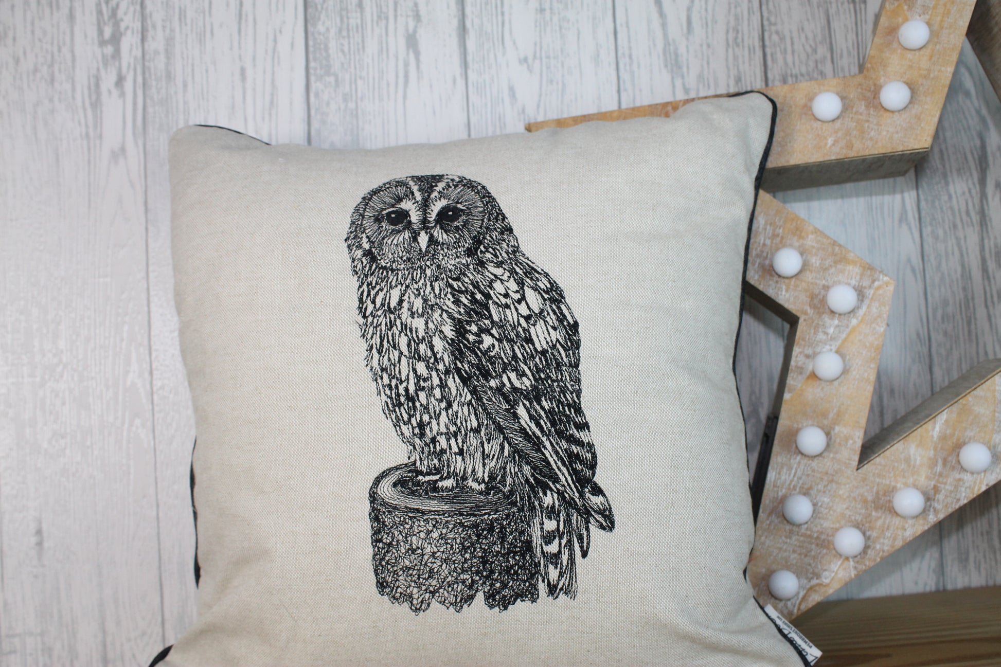 Owl Cushion- Cream /Taupe Piped Cushion - Lizzie Dixon Designs