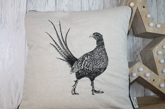 Pheasant Cushion- Cream/Taupe Piped Cushion - Lizzie Dixon Designs