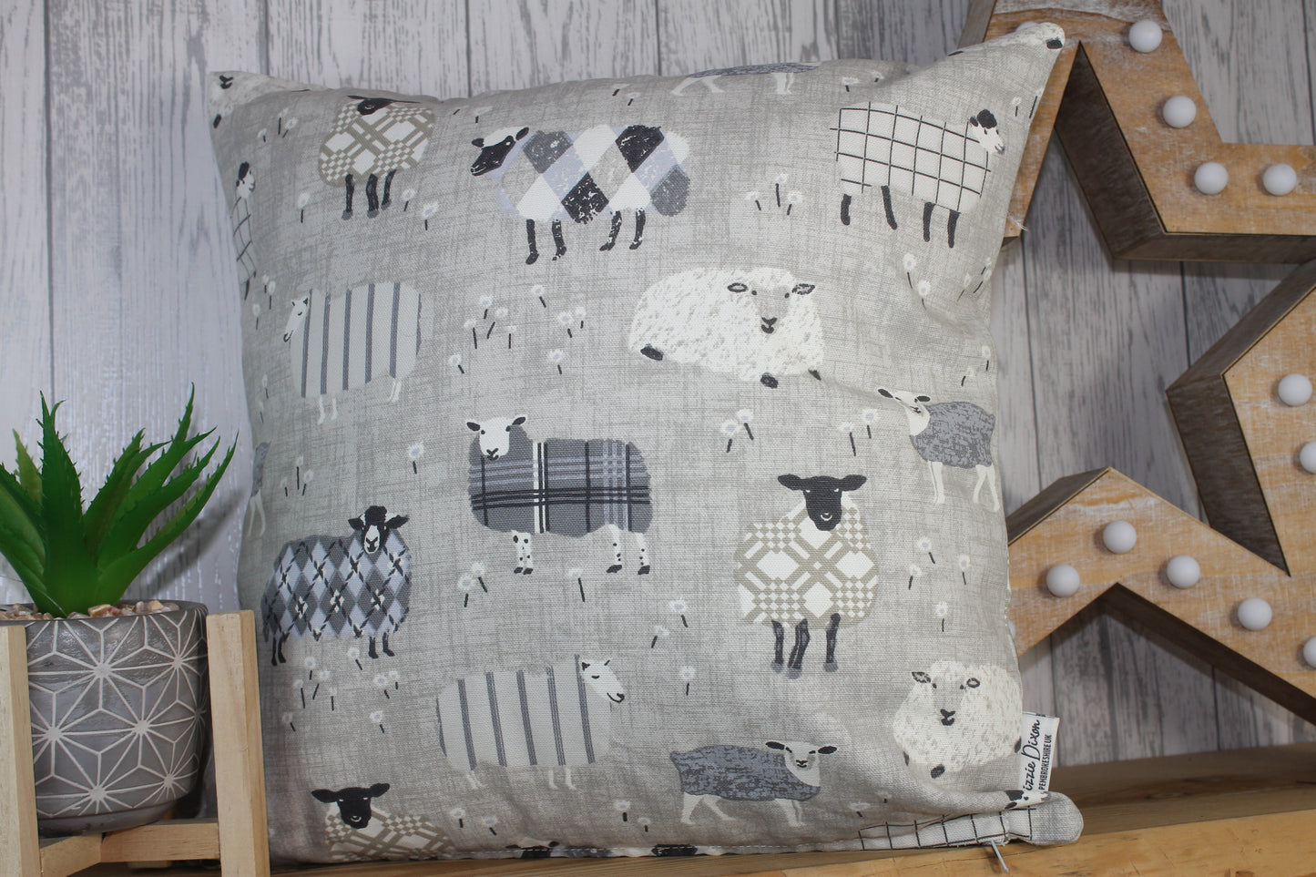 Sheep Wearing Jumpers Cushion- Grey and Taupe- 14" Square Cushion - Lizzie Dixon Designs