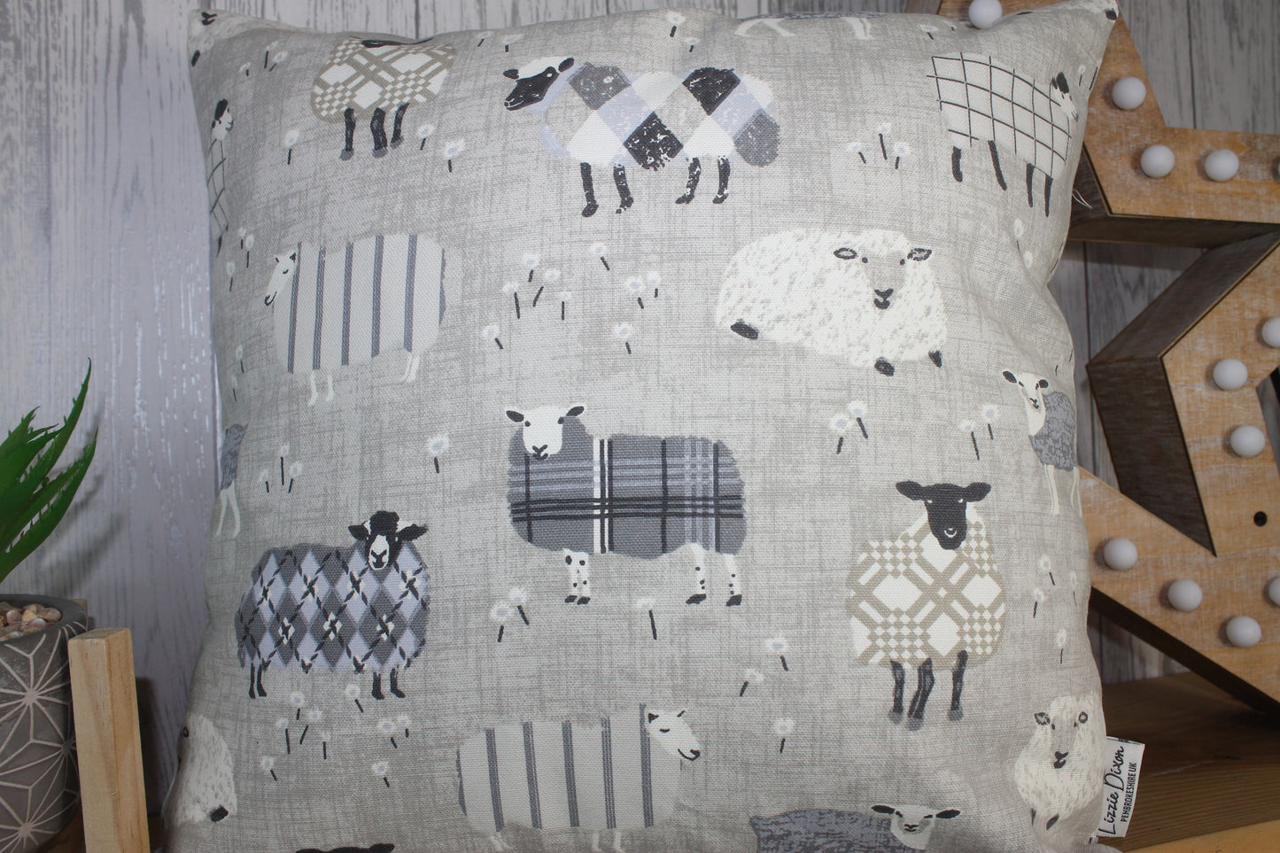 Sheep Wearing Jumpers Cushion- Grey and Taupe- 14" Square Cushion - Lizzie Dixon Designs
