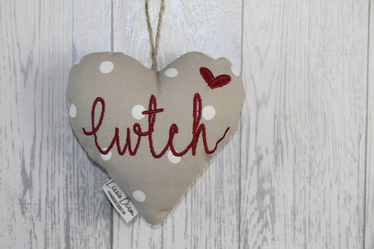 Cwtch Lavender Hanging Heart-Taupe Dotty and Red Sheep. - Lizzie Dixon Designs
