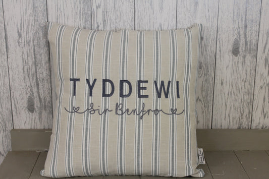 Location Cushion - Nautical Taupe and Blue Stripe and Plain Taupe back- 14" Square Cushion Cushion Personalise with your Favourite Location - Lizzie Dixon Designs