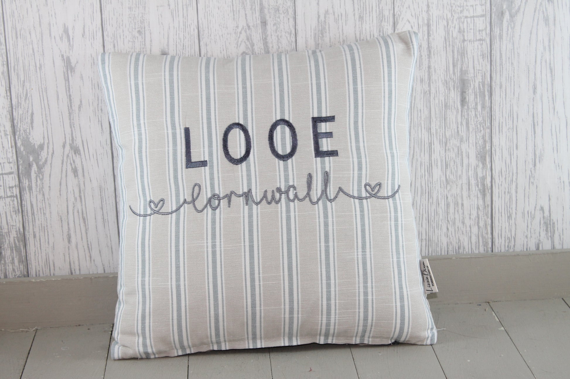 Location Cushion - Nautical Taupe and Blue Stripe and Plain Taupe back- 14" Square Cushion Cushion Personalise with your Favourite Location - Lizzie Dixon Designs