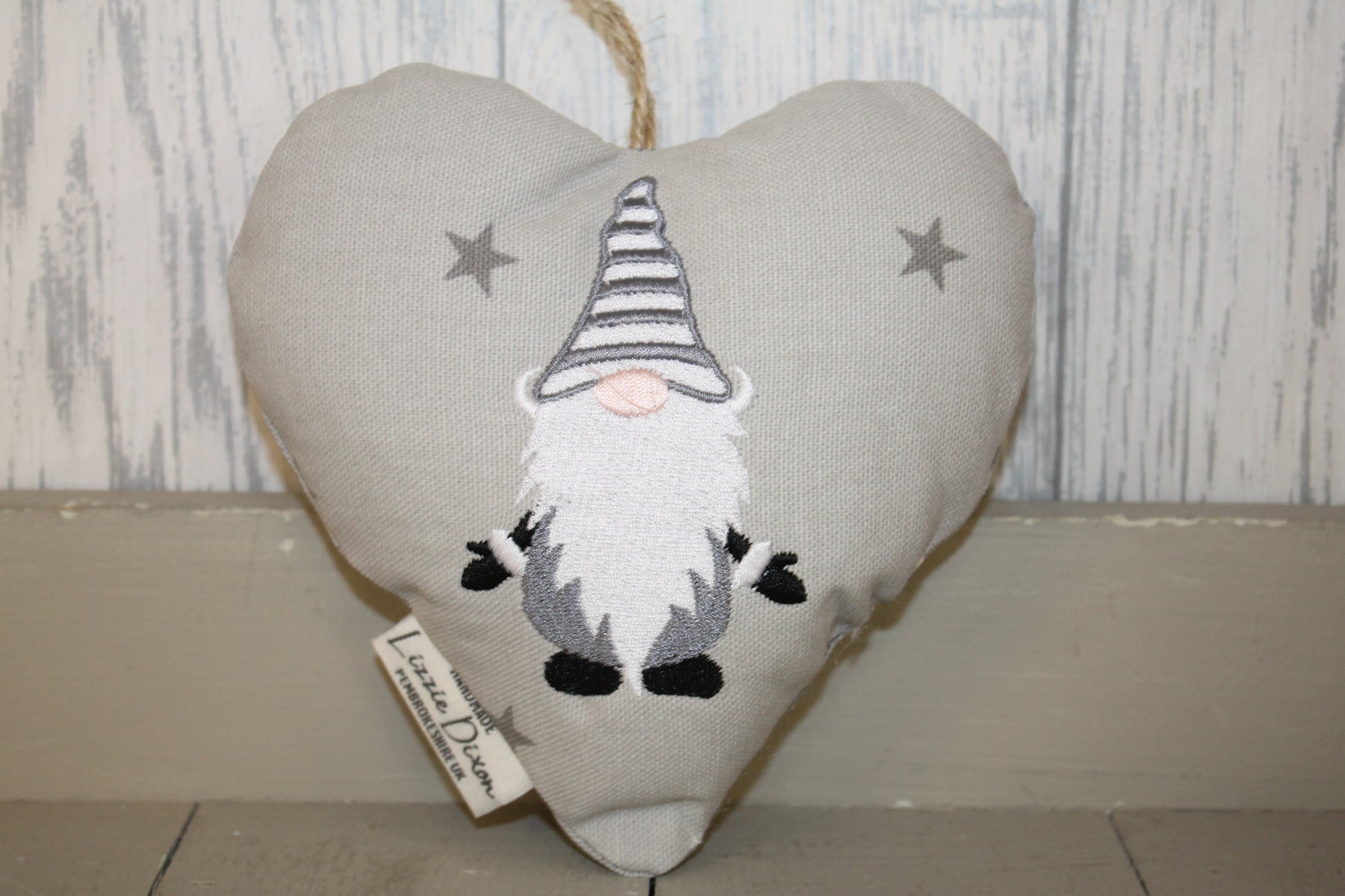 Christmas Gnome Hanging Heart- Grey Festive Gnome -Grey Stars - Lizzie Dixon Designs