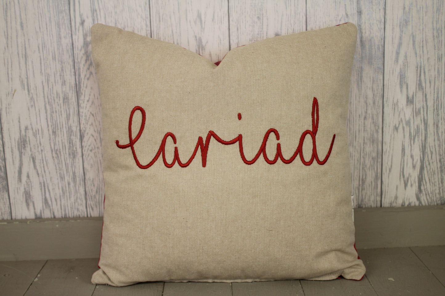 Cariad Cushion- 14" Cream/Taupe and Red - Lizzie Dixon Designs