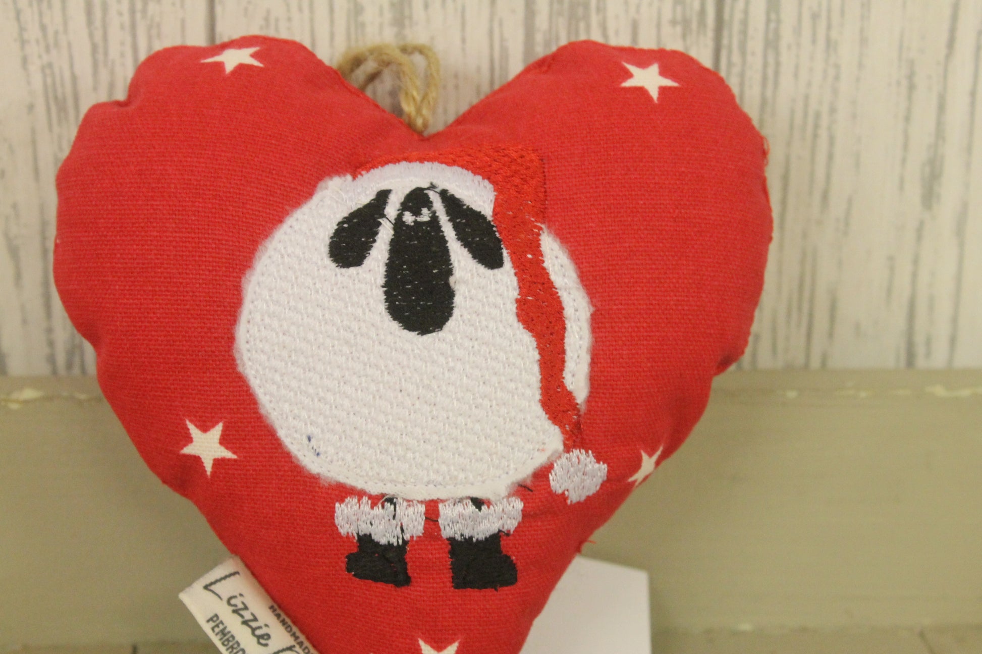Christmas Sheep wearing Santa hat Hanging Heart- - Lizzie Dixon Designs