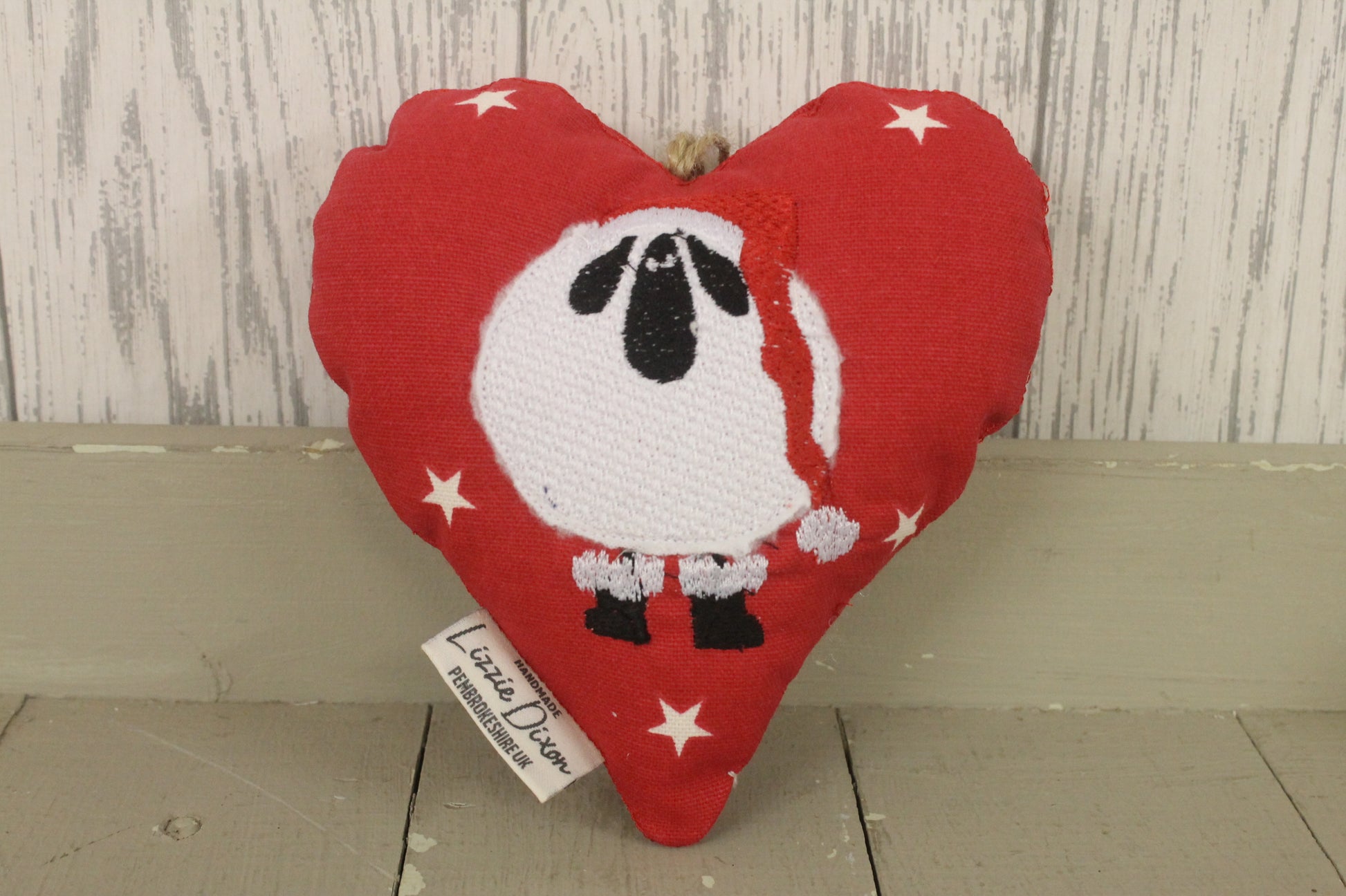Christmas Sheep wearing Santa hat Hanging Heart- - Lizzie Dixon Designs