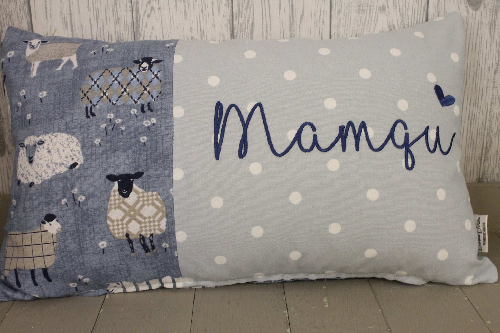 Mamgu Cushion-Blue Sheep and Dotty. - Lizzie Dixon Designs