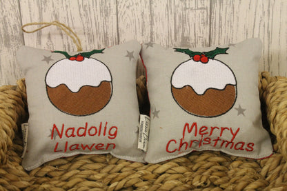 Nadolig Llawen Christmas Pudding Grey Hanging Decoration