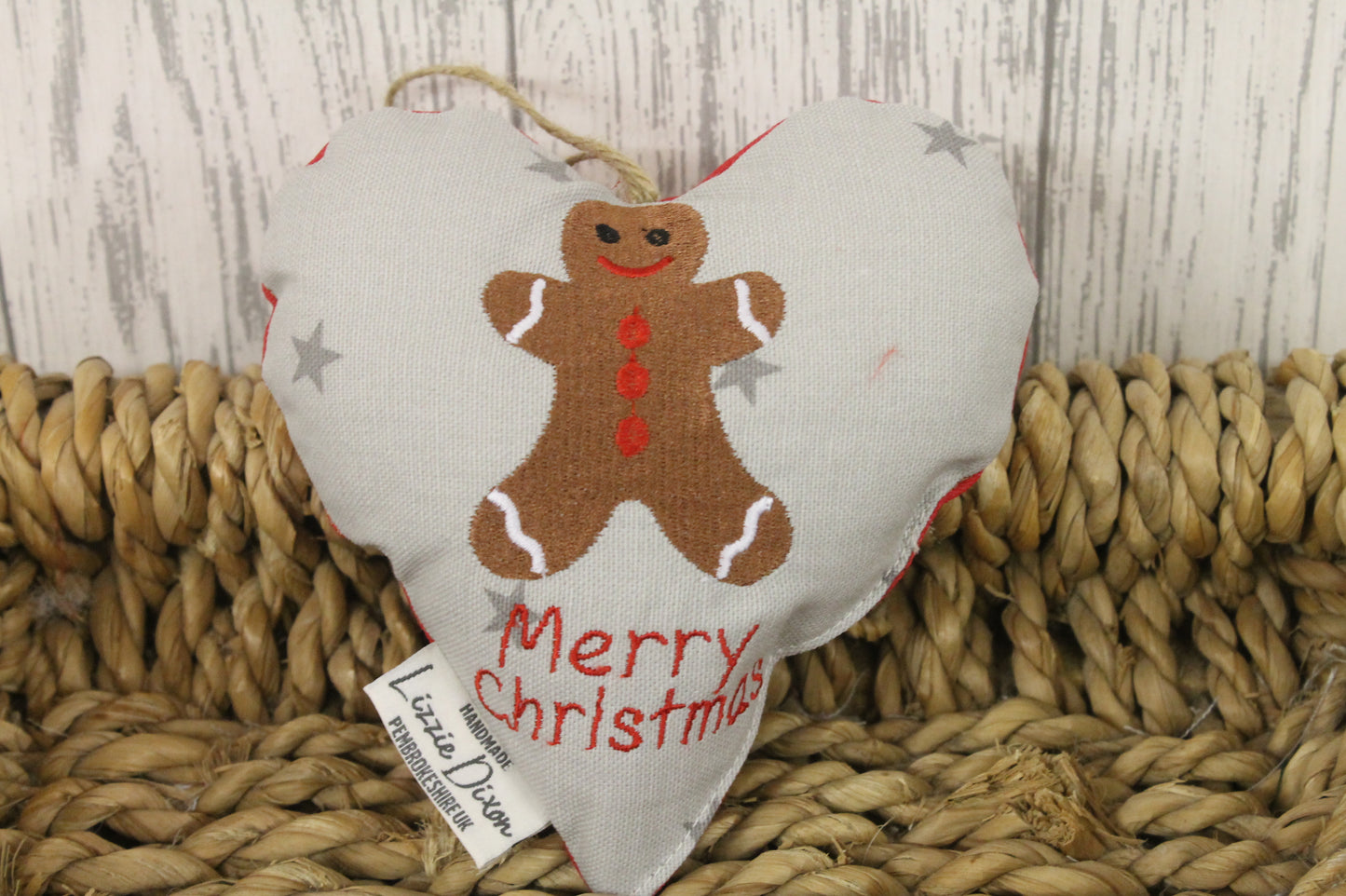 Merry Christmas Gingerbread Man Hanging Heart Grey Stars - Lizzie Dixon Designs