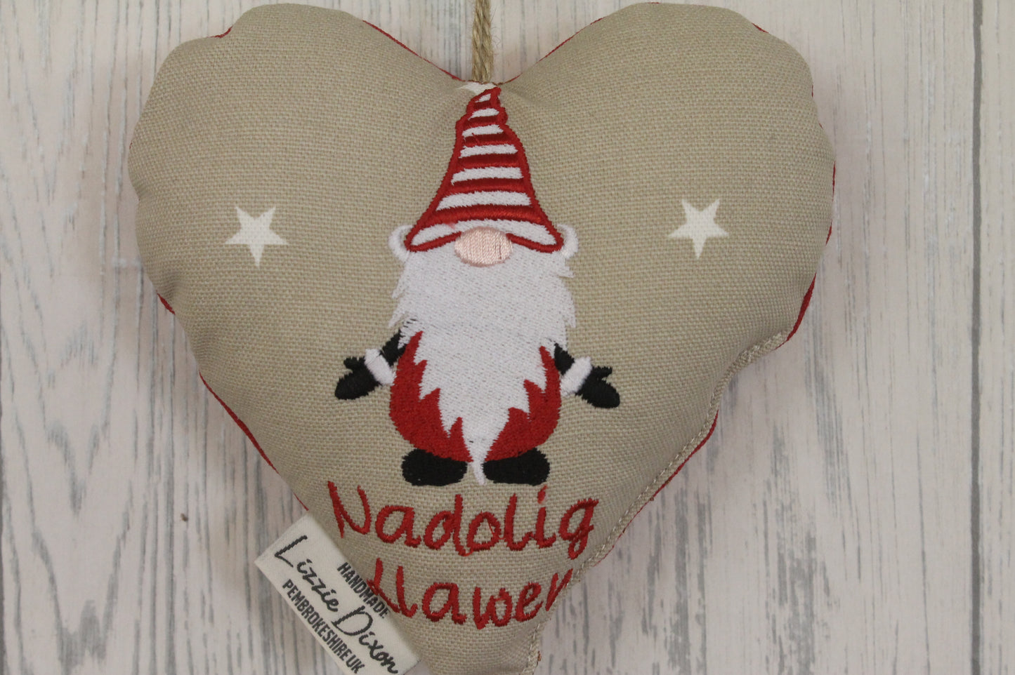 Christmas Gnome Hanging Heart- Taupe Star and Red Festive Gnome -Taupe Stars