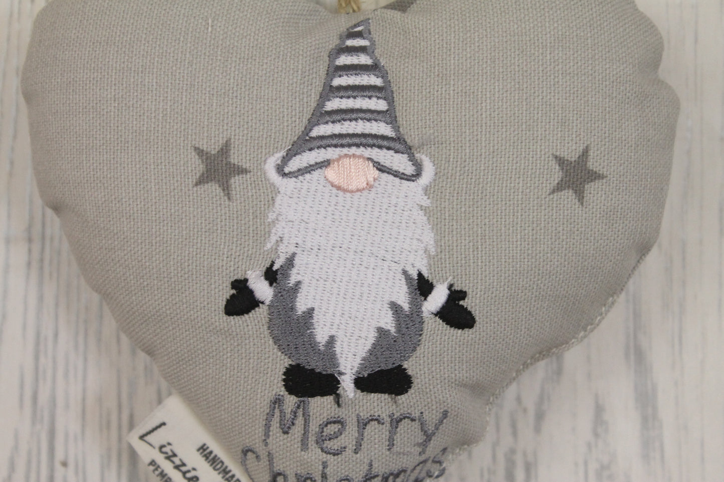 Christmas Gnome Hanging Heart- Grey Festive Gnome -Grey Stars