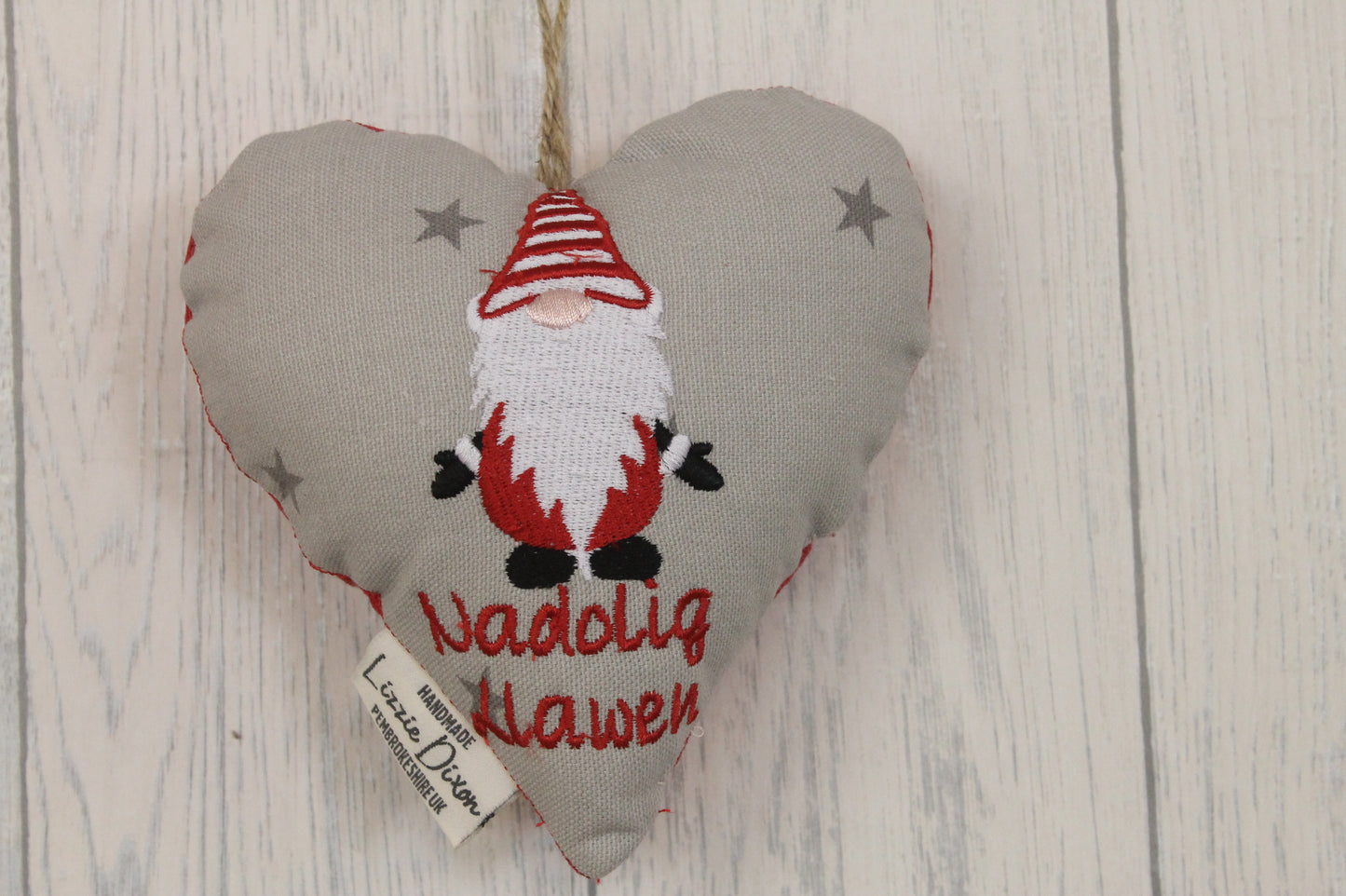 Christmas Gnome Hanging Heart-Grey and Red Festive Gnome -Grey Stars Red Gnome