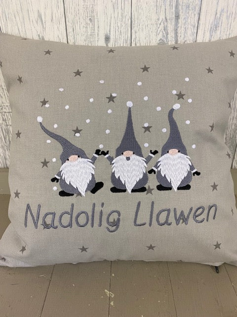 Festive Christmas Grey Gnomes 16" Cushion Nadolig Llawen - Lizzie Dixon Designs