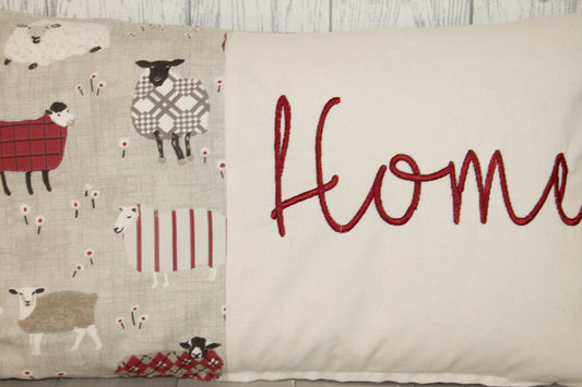 Home Panel Cushion -Red and Taupe  Sheep in Jumpers - Lizzie Dixon Designs