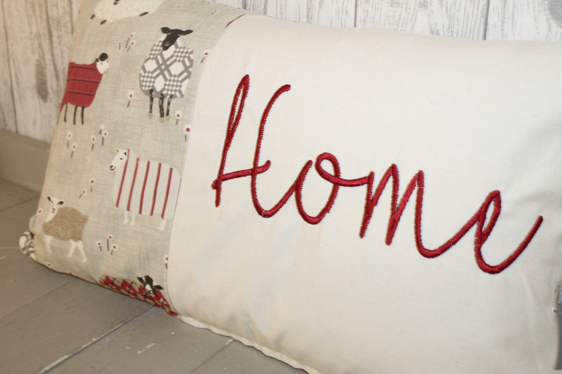 Home Panel Cushion -Red and Taupe  Sheep in Jumpers - Lizzie Dixon Designs