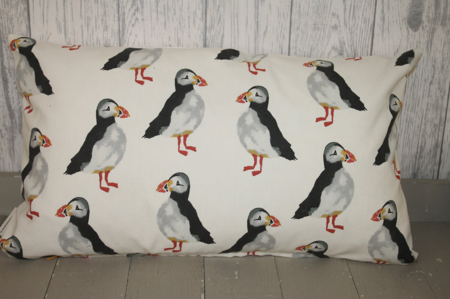 Puffin Cushion- Long  Cushion ,White Linen Front- cute white puffin fabric on reverse - Lizzie Dixon Designs