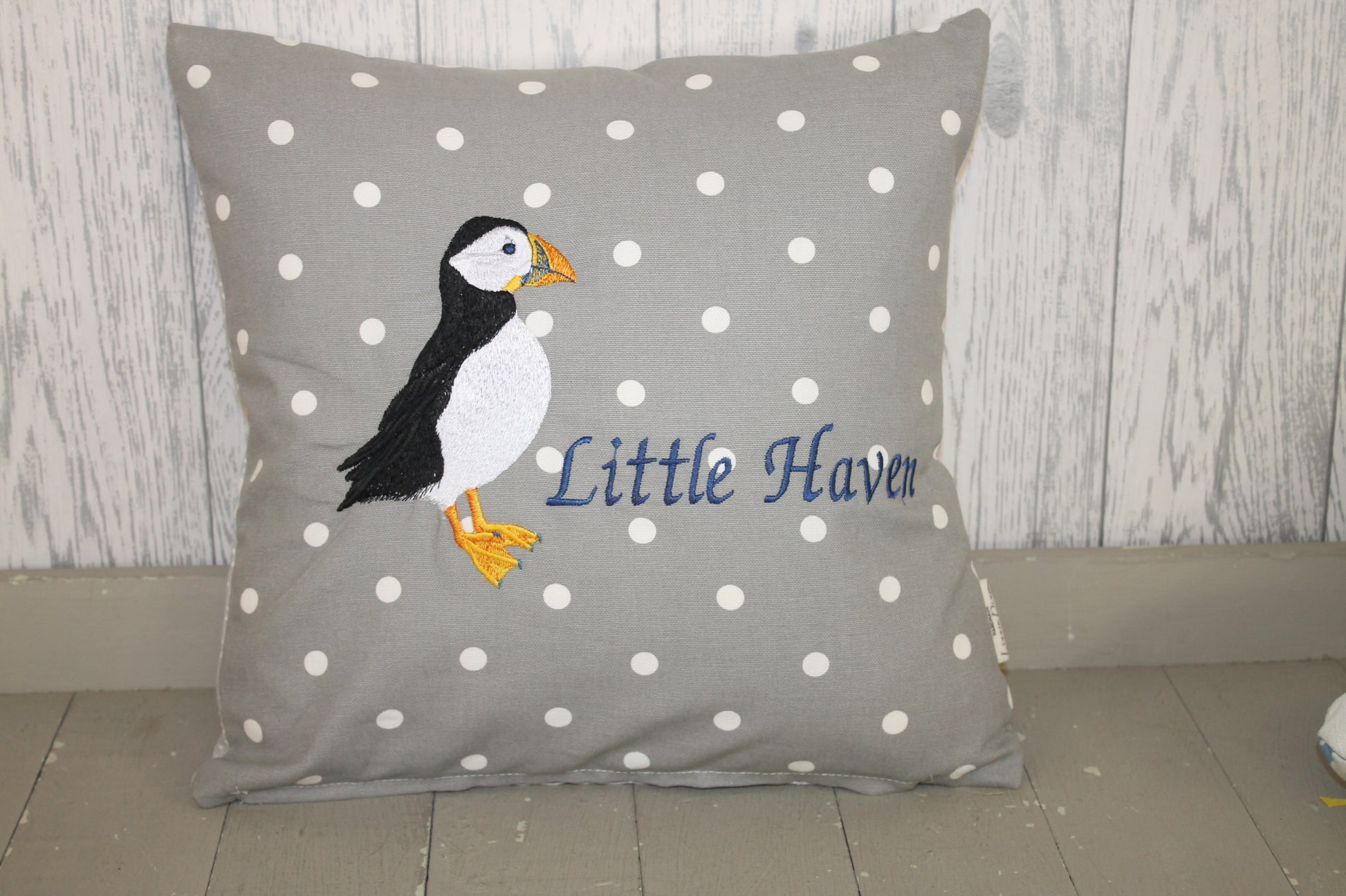 Puffin Cushion-Personalised Dotty and Sea Shell-14" Square Cushion - Lizzie Dixon Designs