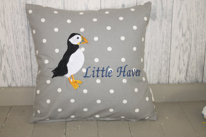 Puffin Cushion-Personalised Dotty and Sea Shell-14" Square Cushion - Lizzie Dixon Designs