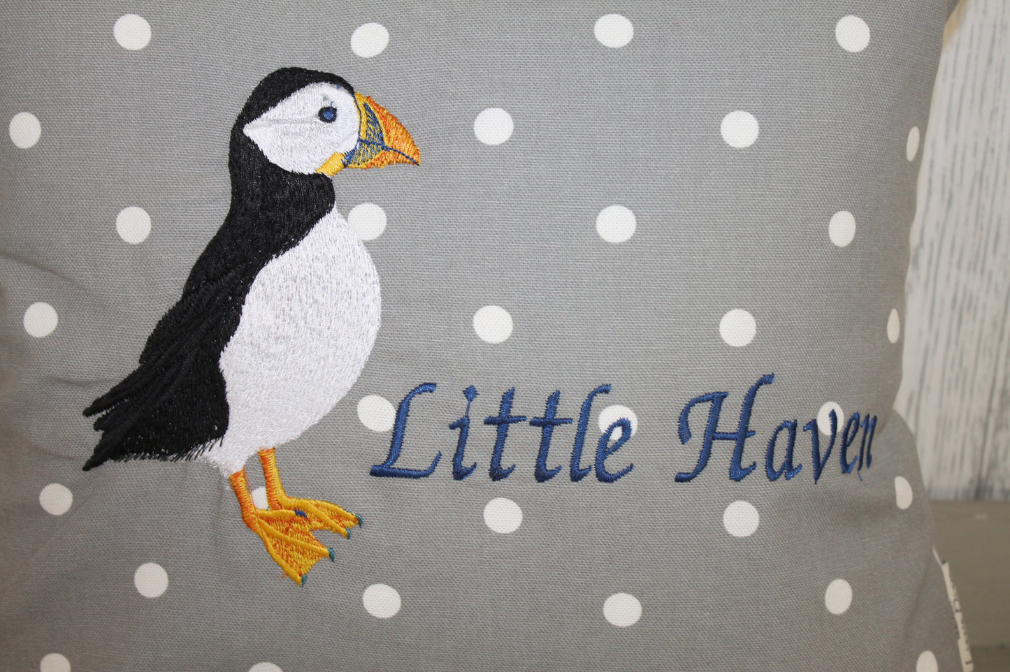 Puffin Cushion-Personalised Dotty and Sea Shell-14" Square Cushion - Lizzie Dixon Designs