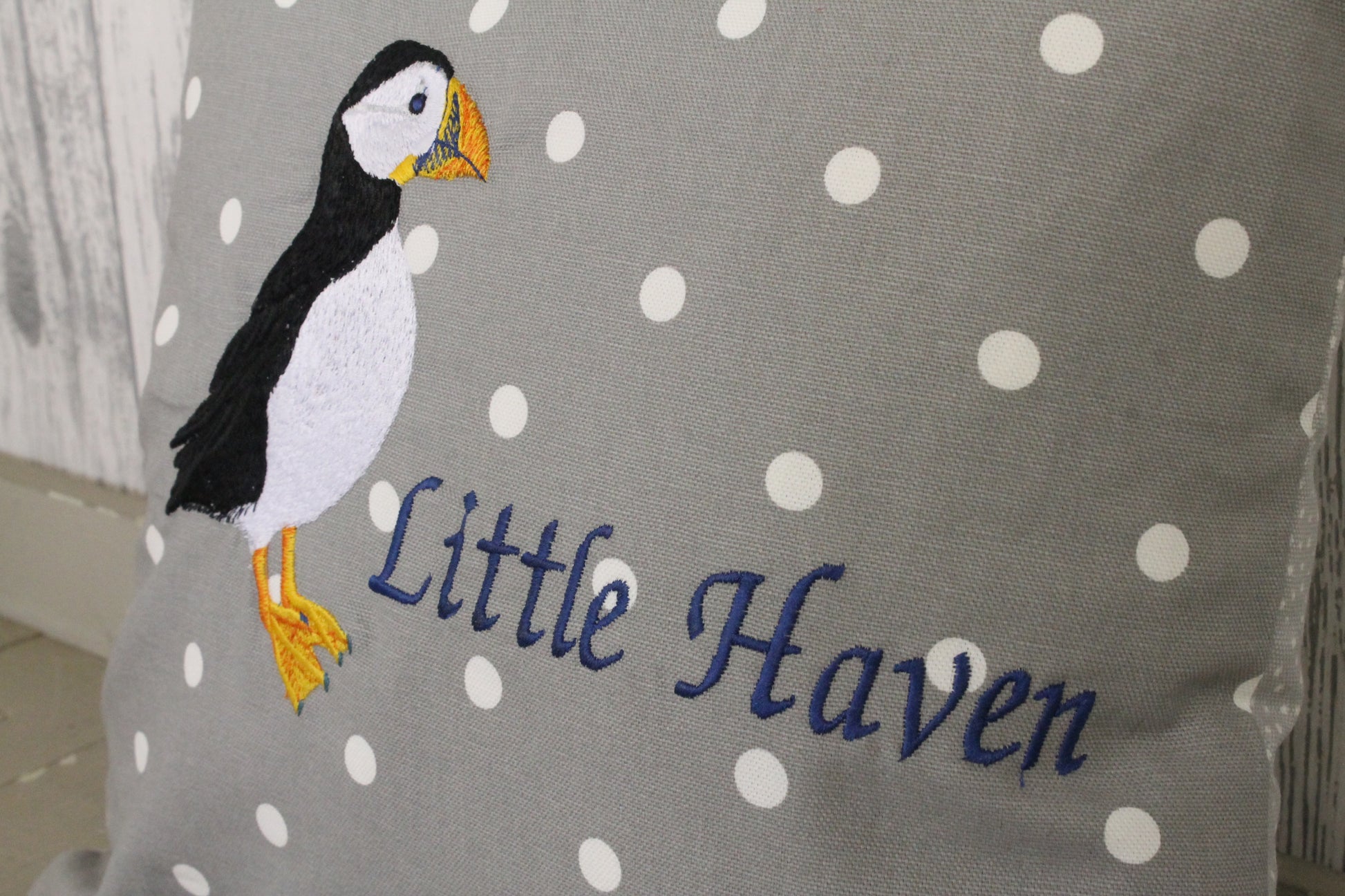 Puffin Cushion-Personalised Dotty and Sea Shell-14" Square Cushion - Lizzie Dixon Designs