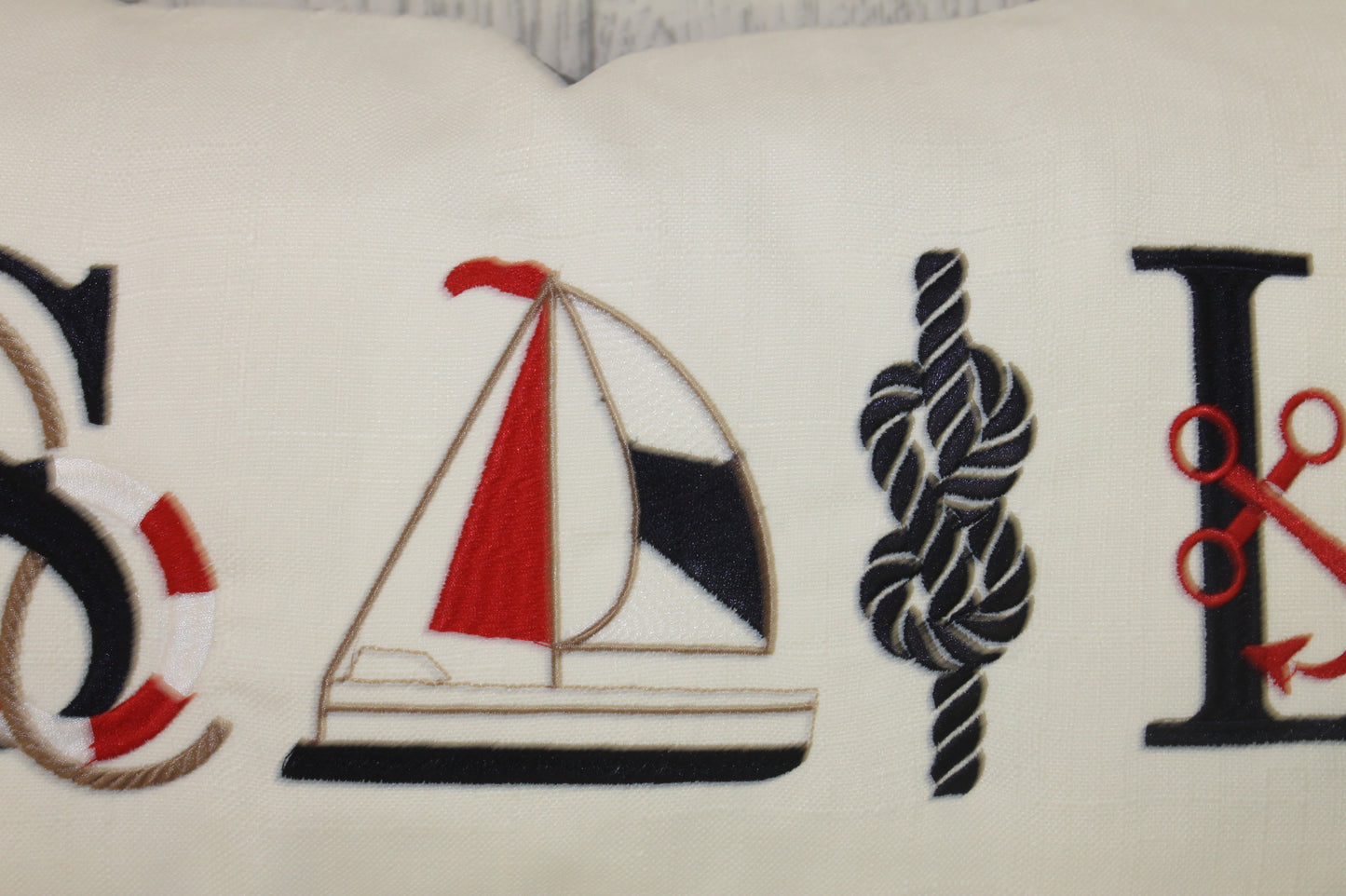 Sale long cushion-Sale nautical cushion on white linen and wave fabric