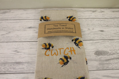 Bee Print Tea Towel- Embroidered
