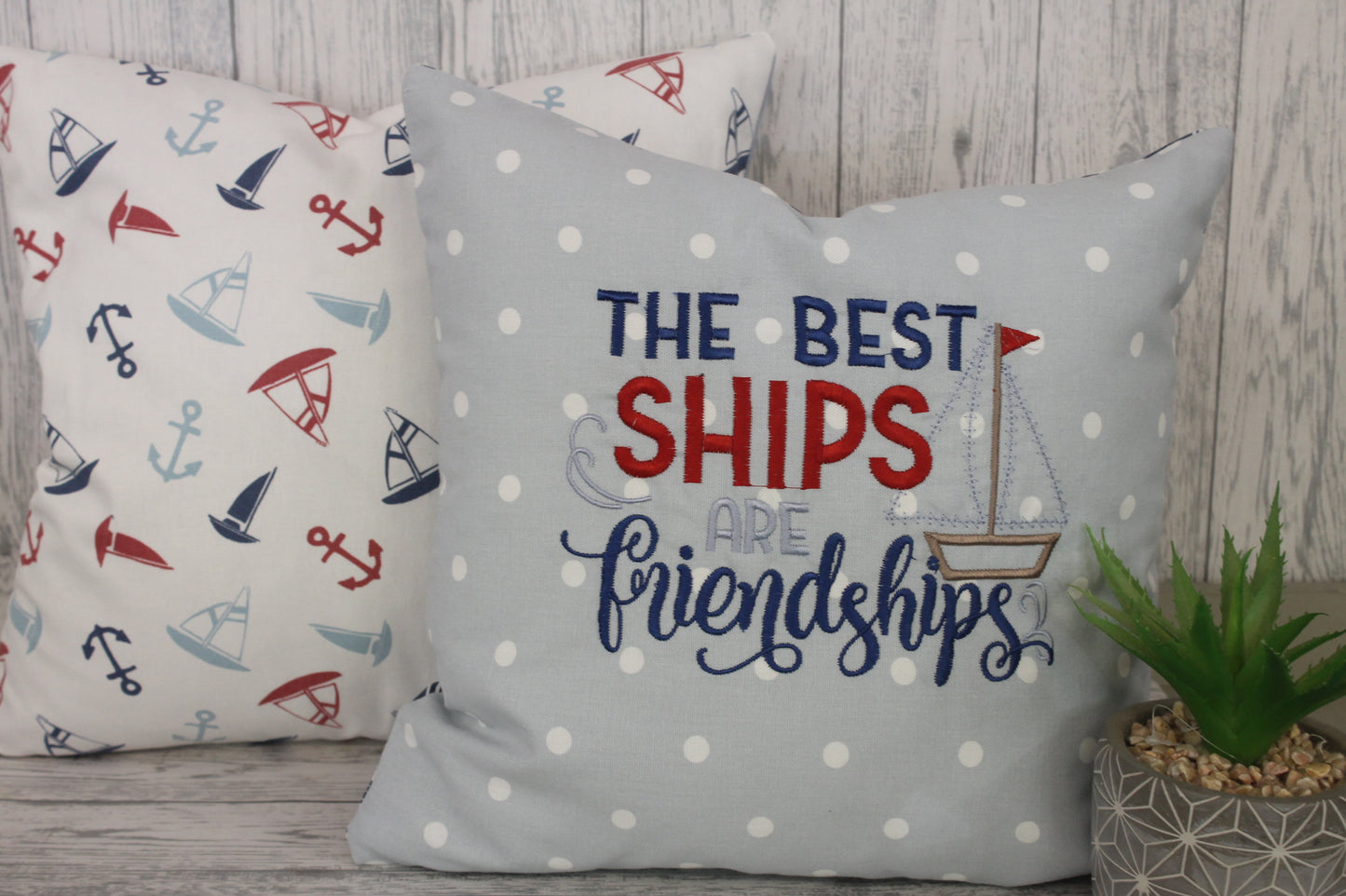 The Best Ships are Friendships Nautical Cushion. 16" Blue Dotty and Nautical themed fabric