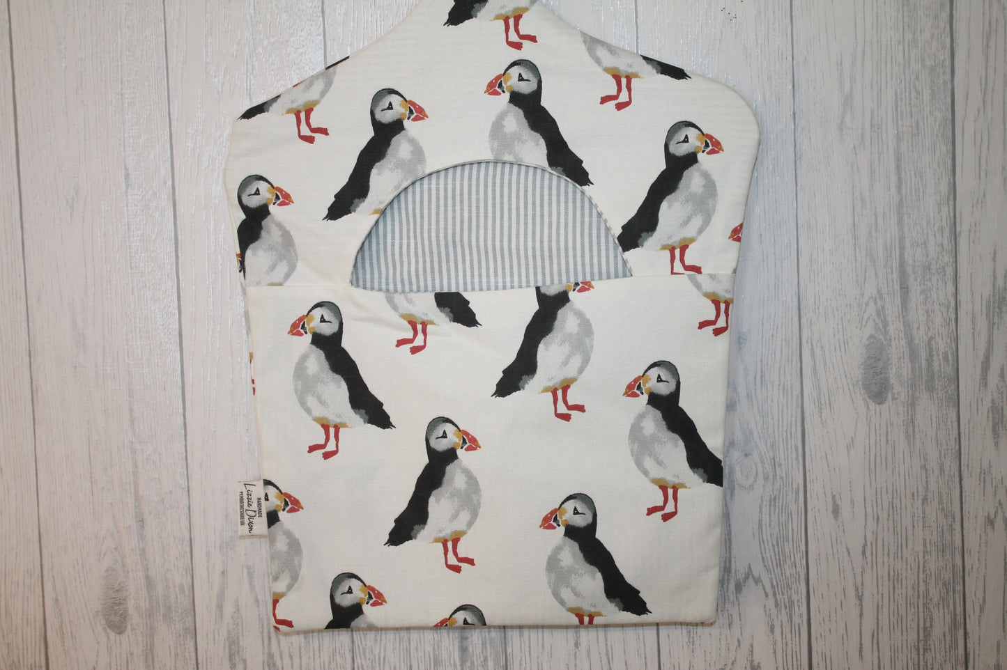 Puffin and pale blue stripe Peg Bag