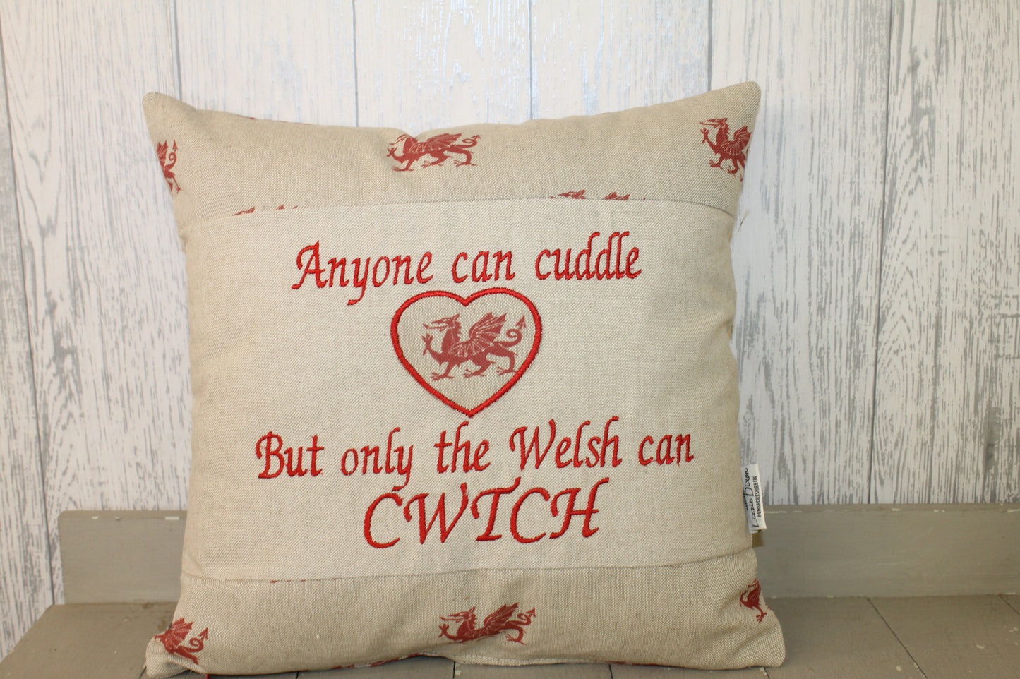 Anyone can cuddle but only the Welsh can Cwtch- Welsh Dragon Square Panel Cushion