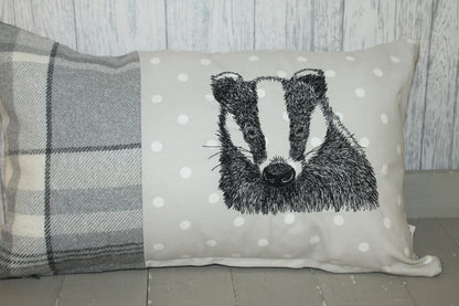 Woodland Badger Cushion- Grey plaid long panel cushion