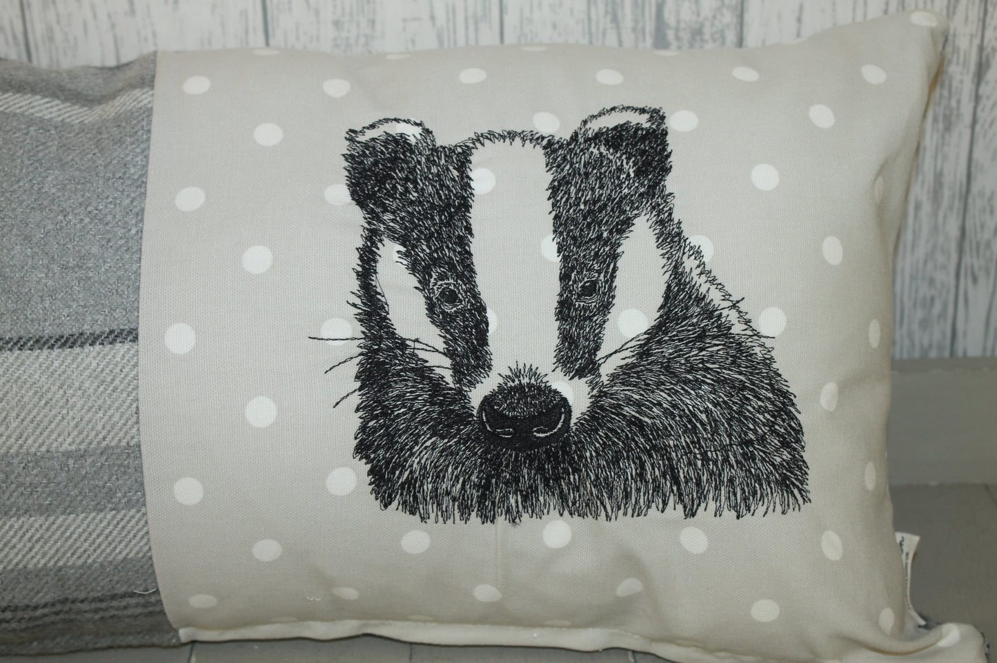 Woodland Badger Cushion- Grey plaid long panel cushion