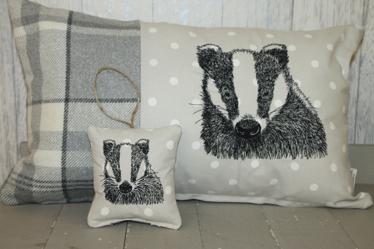 Woodland Badger Cushion- Grey plaid long panel cushion