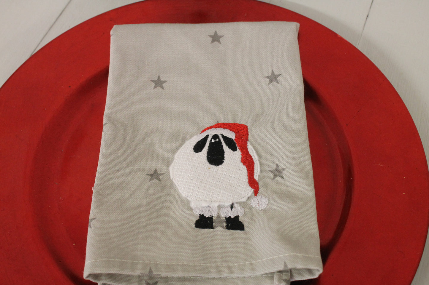 Embrodiered Christmas Napkins- Grey Star and Sheep
