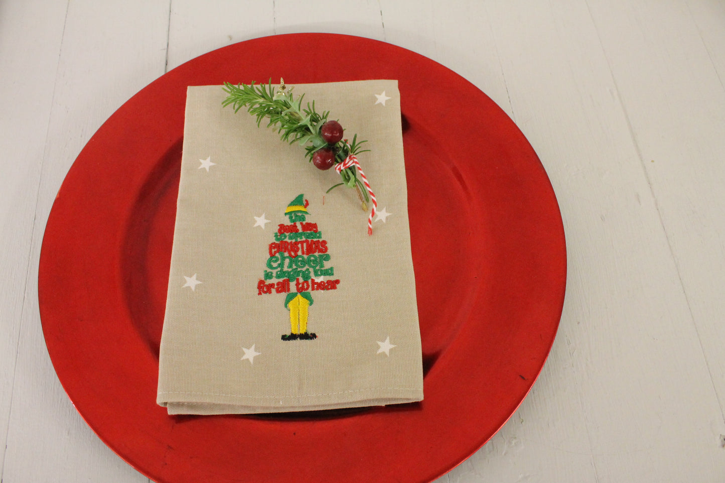 Embrodiered Christmas Elf Napkins-Taupe Star