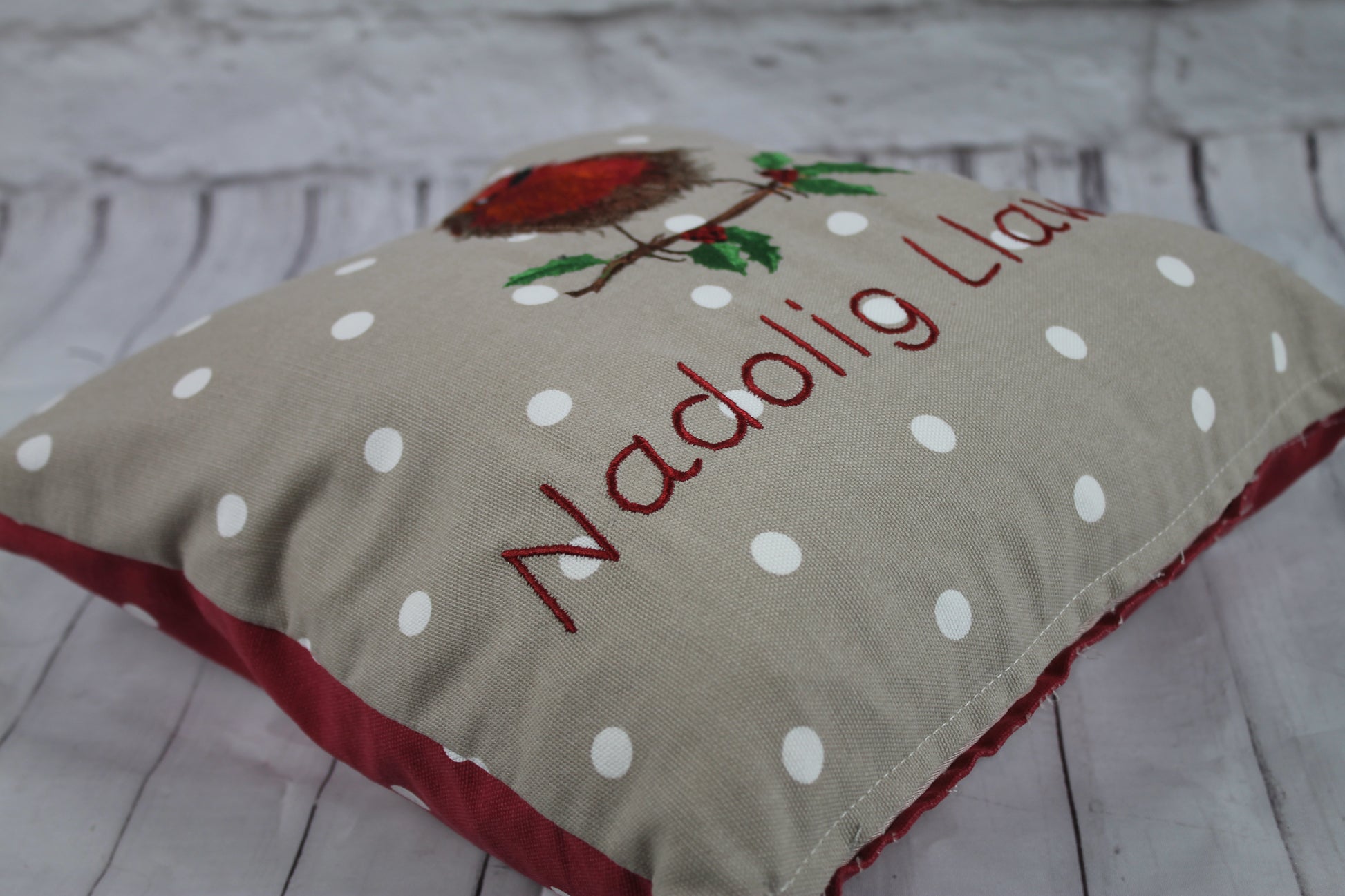 Robin Christmas Cushion- 16" Nadolig Llawen - Lizzie Dixon Designs