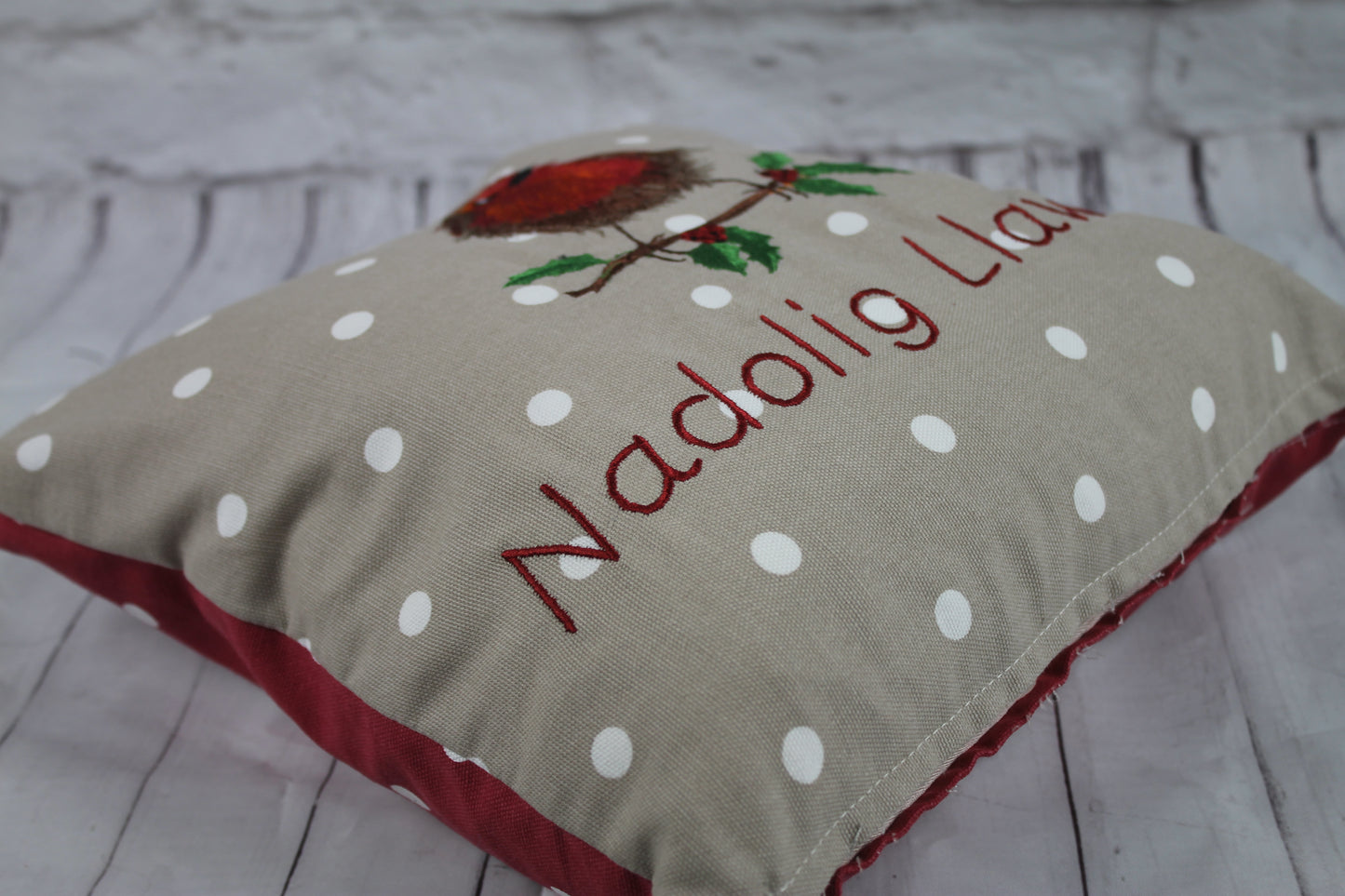 Robin Christmas Cushion- 16" Nadolig Llawen - Lizzie Dixon Designs