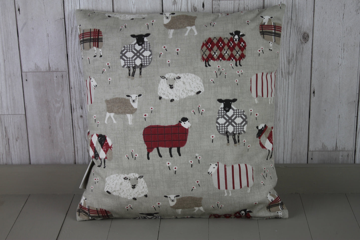 Sheep Wearing Jumpers  Cushion Red and Taupe-16" Square Cushion - Lizzie Dixon Designs
