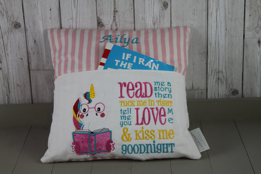 Unicorn  with Pink Stripes Reading BookCushion - Lizzie Dixon Designs