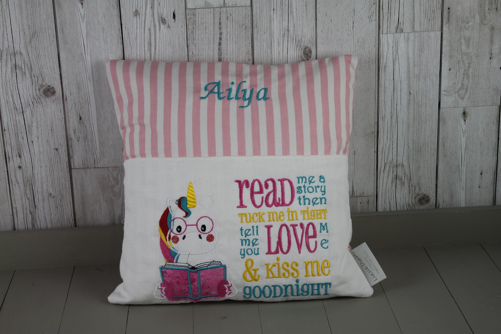 Unicorn  with Pink Stripes Reading BookCushion - Lizzie Dixon Designs